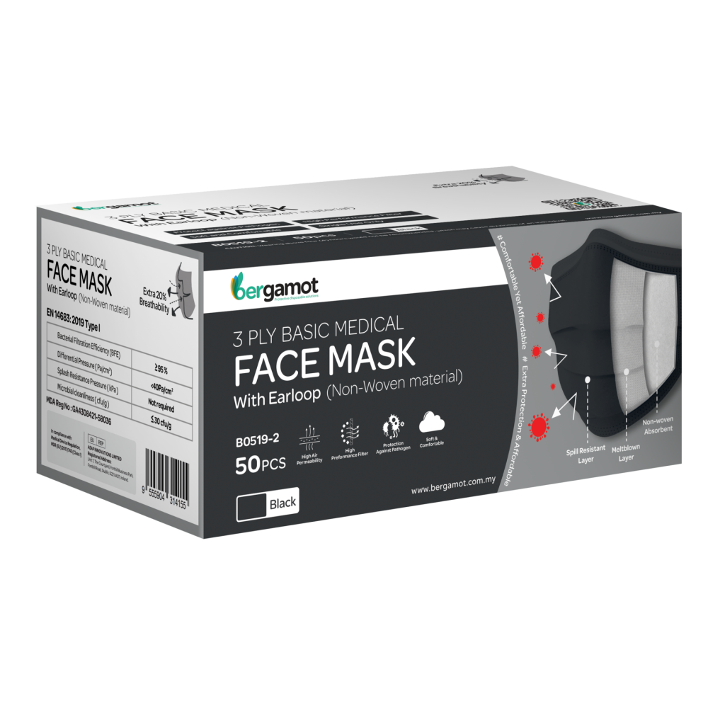 B0519-2 3 Ply Basic Black Facemask